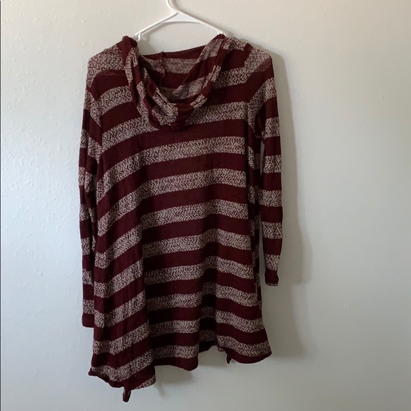 Burgundy and Creme Striped Cardigan w/ Hood - Picture 2 of 2
